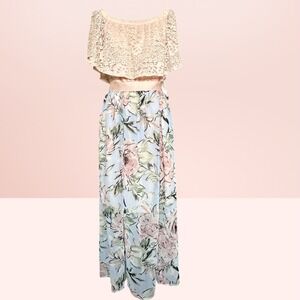 Ellen Weaver Floral Lace‎ Off-Shoulder Maxi Dress Blue Blush Romantic Small NEW